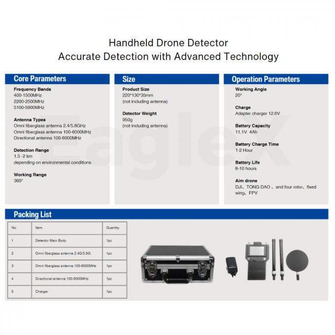 Handheld 3000 Meter FPV DJI Drohnendetektor 400MHz 2.4GHz 5.2G 5.8G Portable Detektion 0
